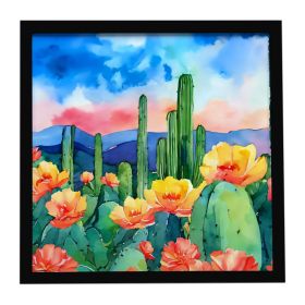 Arizona Saguaro Cactus Blossom in Watercolor Framed Metal Print Bathroom, Kitchen, Office, Home Decor Wall Art Ready to Hang, Square, 8X8